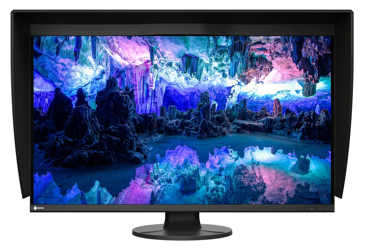 EIZO ColorEdge CG3200X z magnetyczną osłoną przeciwsłoneczną, na ekranie kolorowa scena jaskini
