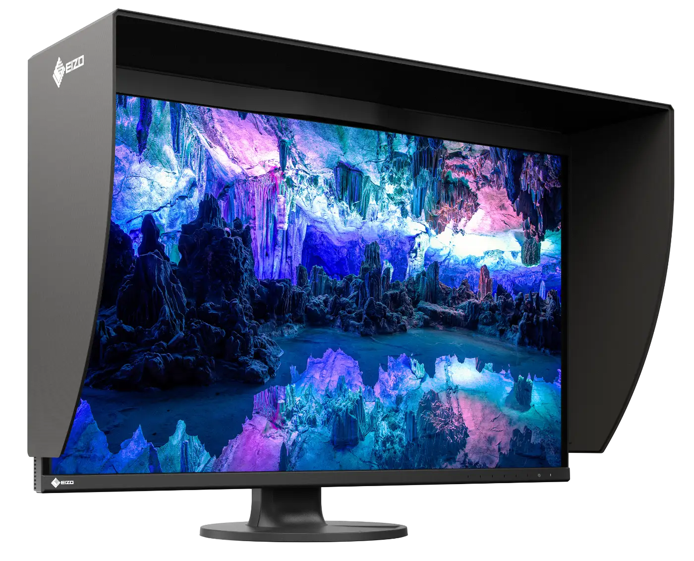 ColorEdge CG3200X w ujęciu z prawej strony, z założoną magnetyczną osłoną przeciwsłoneczną